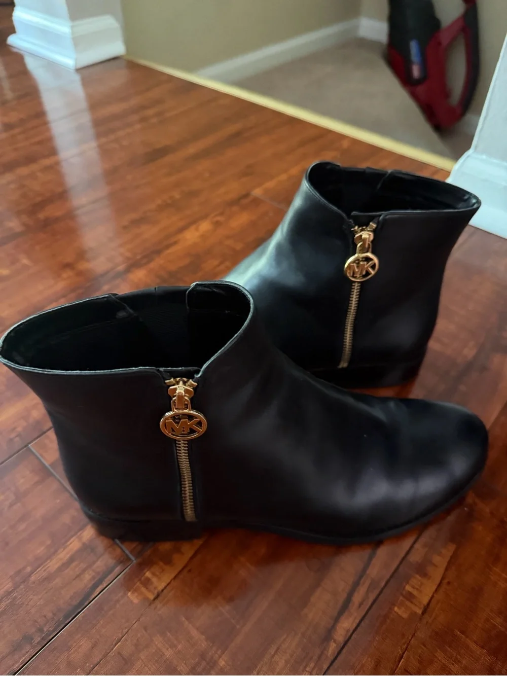 Michael Kors Black Leather Ankle Booties with Gold MK Zipper Charm